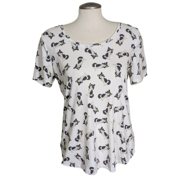 Womens All Over Fox Print Shirt Top Size Medium Ivory Grey Foxes Stretch - Picture 1 of 6